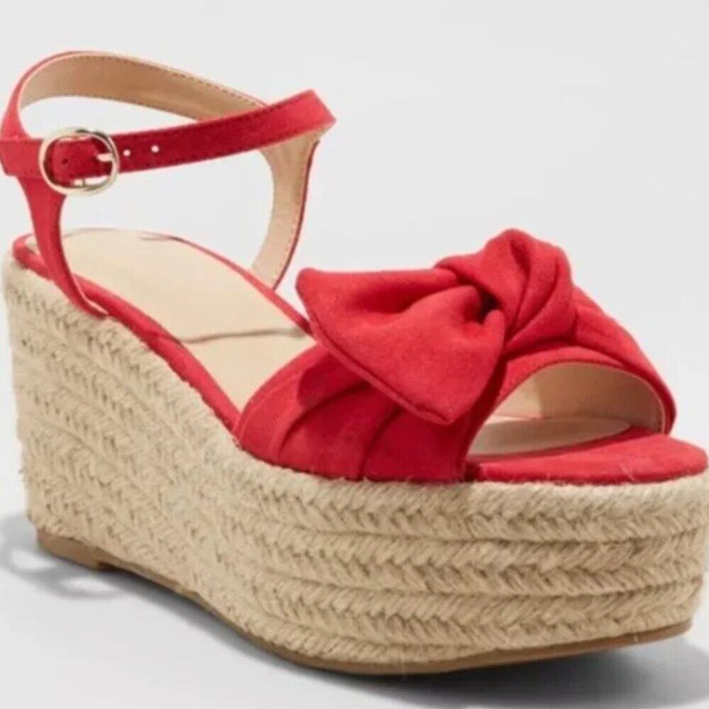 Women's Red Happy Bow Espadrille Wedges Size 10